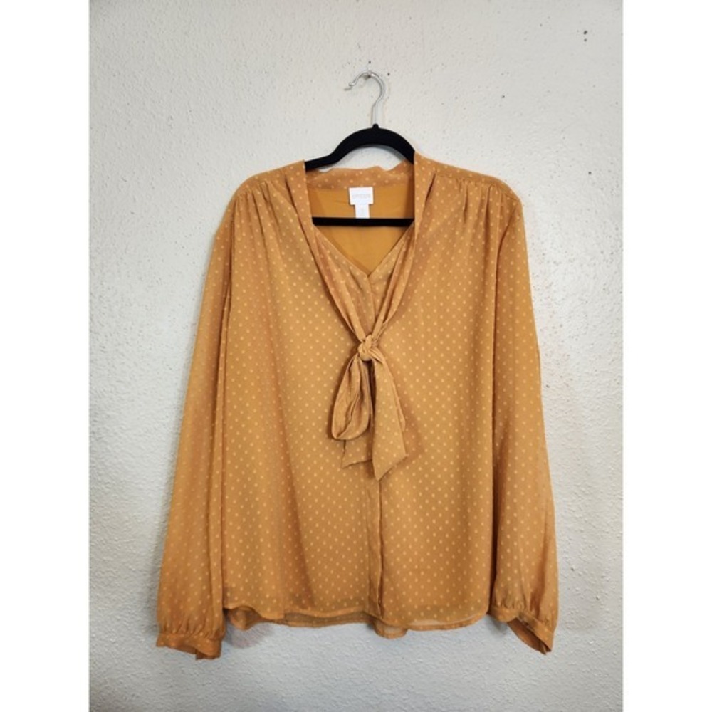 Chico's Women's Mustard Orange Polka‎ Dot Bow Button V-Neck Blouse Top Size XL